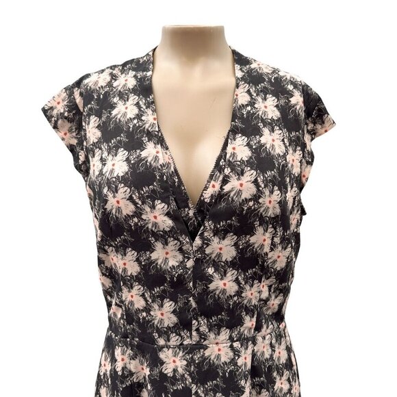 Reiss Floral Crawford Fluid Dress V-Neck Keyhole Black Flowy Cap Sleeve Women 12 - Picture 5 of 15
